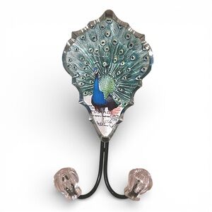 Pier 1 Double Wall Hook Peacock Blue Green Motif Key Ring Jacket Hanger Acrylic